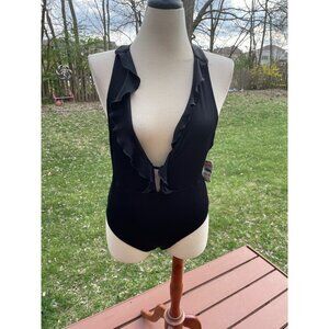 Black Ruffled Deep V-Neck Bodysuit With Ribbed Texture